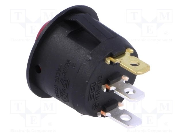 Taustiņslēdzis SPST, OFF-ON, 6A/250VAC, 20A/12VDC, D=23mm, ar apgaism. neon. spul., sarkana krasa, ar fiksāciju