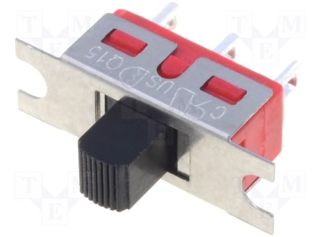 Pārslēdzējs slīdbīdņu SP3T, 2A/250VAC, 5A/28VDC, ON-OF-ON, 19.56x6.1x6.35mm, L=5.08mm, taisns, viens kontakts uz trīm stāvoklim