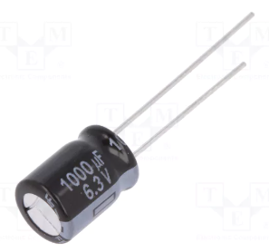 1000/6.3V, 105C, Ø8x11.5mm, ±20%, Kondensatori zemas induktivitātes, 6000h, PANASONIC, ar lokaniem izvadiem