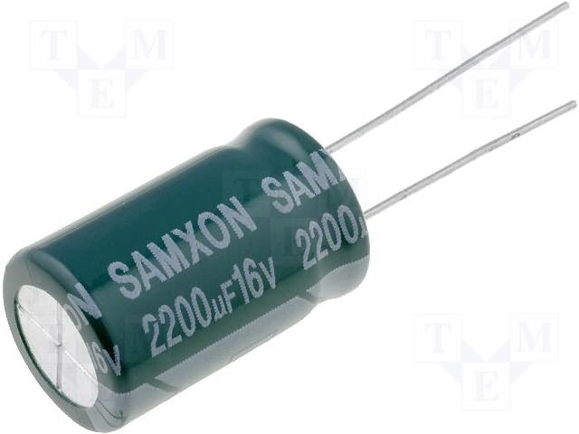 2200/16V, 105C, Ø12.5x20mm, ±20%, Kondensatori zemas induktivitātes, 4000h, SAMXON, ar lokaniem izvadiem