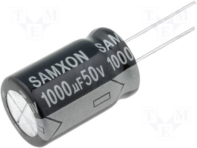1000/50V, 105C, Ø16x25mm, ±20%, Kondensatori zemas induktivitātes, 10000h, Samxon, ar lokaniem izvadiem