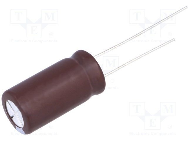 680/35V, 105C, Ø10x30mm, ±20%, Kondensatori zemas induktivitātes, 3000h, ELITE, ar lokaniem ivadiem