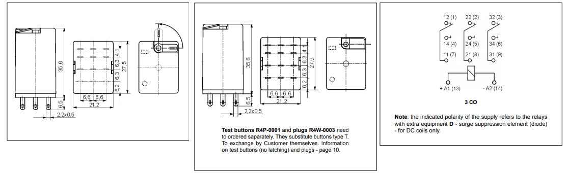 Relejs AC24V, 3PDT, 3x10A/250VAC, 3x10A/24VDC, 158R(150mA), trīsi kontakti uz pārslēgšanu, 27.5x21.2x35.6mm, RELPOL