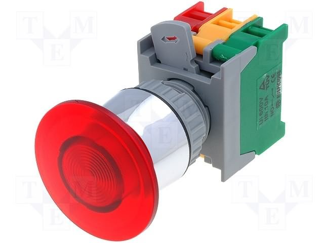 Paneļu slēdzejs, 22mm, 2 poz., OFF-(ON), (senite sarkans er apgaism.), IP65,3A/230VAC, divi kont. uz sasl/atslēg.