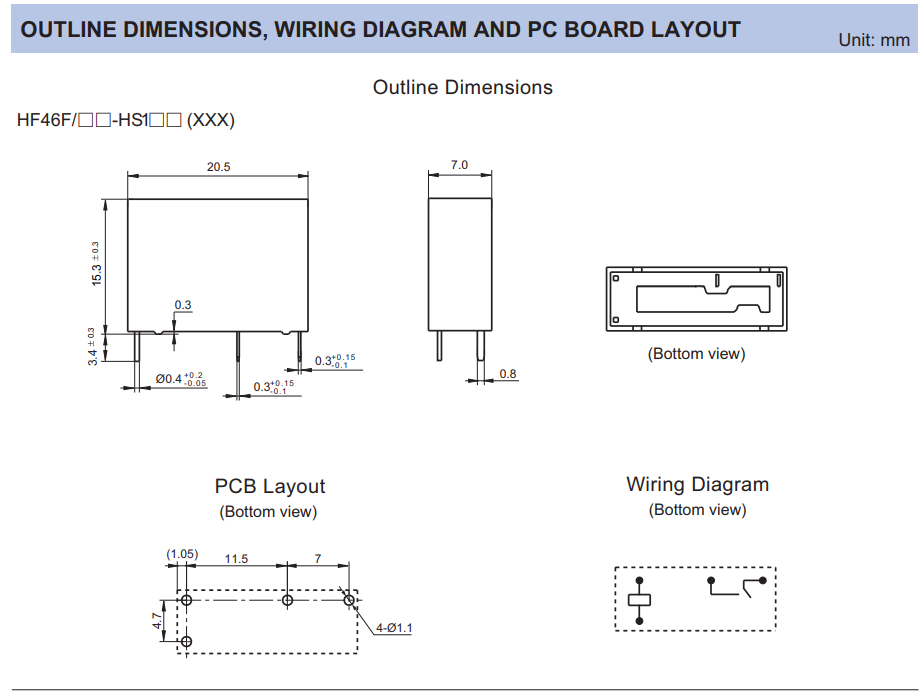 Relejs DC24V, SPST-NO, 5A/250VAC, 5A/30VDC, 2.88kΩ(8.3mA), viens kontakts uz saslēgšanu, 20.5x7x15.3mm, HONGFA RELAY