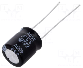 3.3/450V 105C, Ø10x12.5mm, ±20%, Kondensators elektrolītisks, 2000h, Elite, ar lokaniem izvadiem