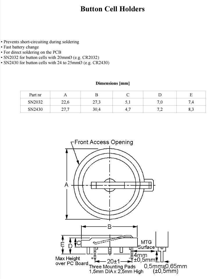 Bateriju turētājs CR2032, plastmasas, horizontals, melna, THT, 1 baterija