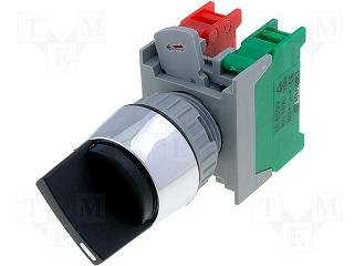 Paneļu slēdzejs, 22mm, 2 poz., ON-OFF, mēlna, IP65, 3A/230VAC, divi kontakti uz sasl/atslēg.