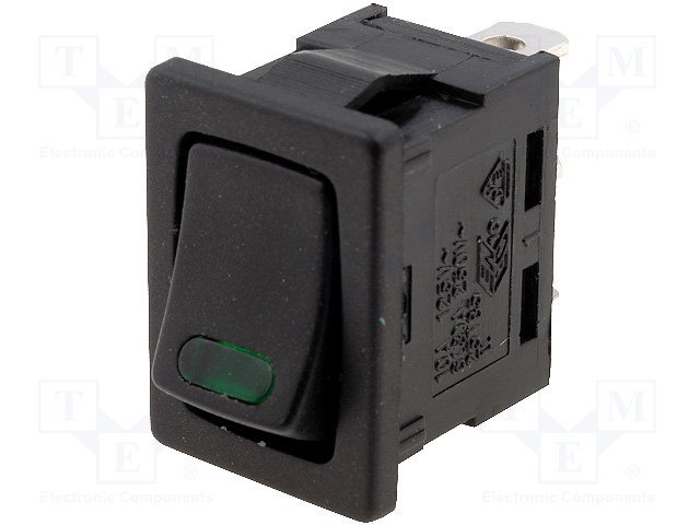 Taustiņslēdzis SPST, ON-OFF, 16A/12VDC, 15x21mm, LED12VDC(zaļš) 2 versija, melna krasa, ar fiksāciju