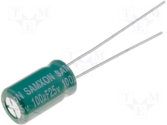 100/25V 105C, Ø6.3x11mm, ±20%, Kondensatori zemas induktivitātes, 2000h, Samxon, ar lokaniem izvadiem