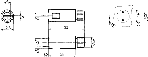 Drošinātāju turētājs PCB, 5x20, 10A, 250VAC, vertikāls