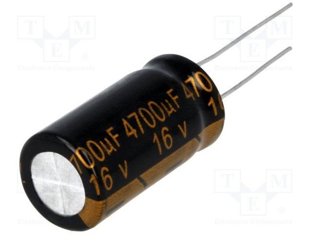 4700/16V, 105C, Ø16x31.5mm, ±20%, Kondensators elektrolītisks, 2000h, ELITE, ar lokaniem izvadiem