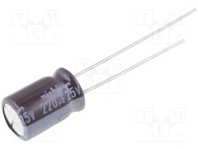 220/25V, 105C, Ø8x11.5mm, ±20%, Kondensatori zemas induktivitātes, 2000h, NICHICON, ar lokaniem izvadiem