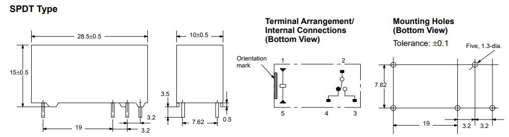 Relejs DC24V, SPDT, 8A/250VAC, 5A/30VDC, 2.62kΩ(9mA), viens kontakts uz pārslēgšanu, 28.5x10x15mm, OMRON
