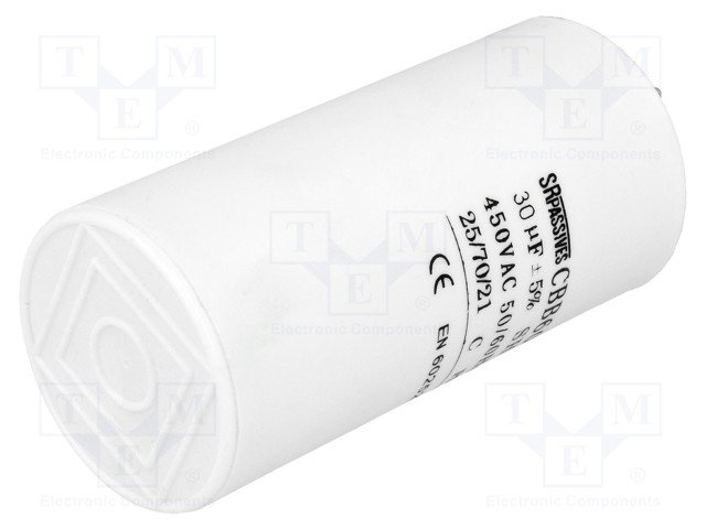 30.0/450VAC, ±5%, elektromotoru kondensators, klemes 6.3mm, 3000h, Ø45x90mm