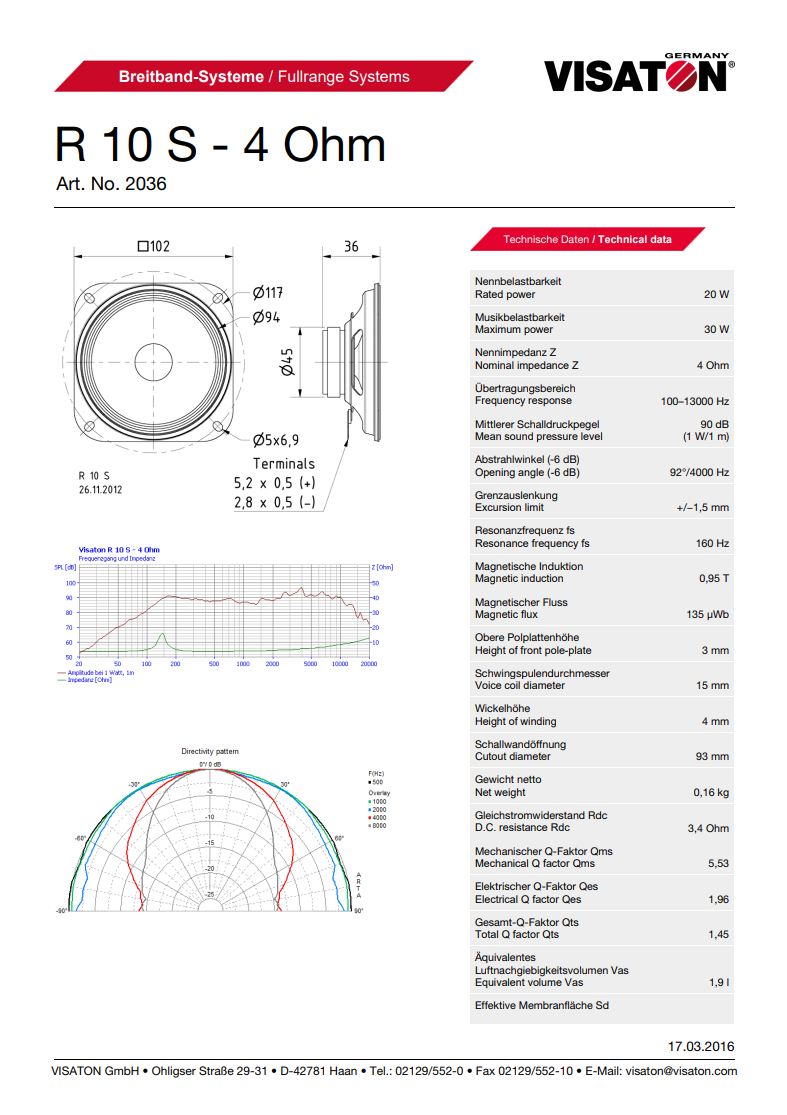Skaļrunis 20W, 4R, 100...13000Hz, 90dB, 102x102x36mm