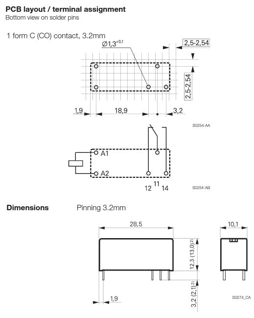 Relejs DC24V, SPDT, 8A/250VAC, 8A/30VDC, 2.35kΩ(10.2mA), viens kontakts uz pārslēgšanu, 28.5x10.1x12.3mm, TE Connectivity