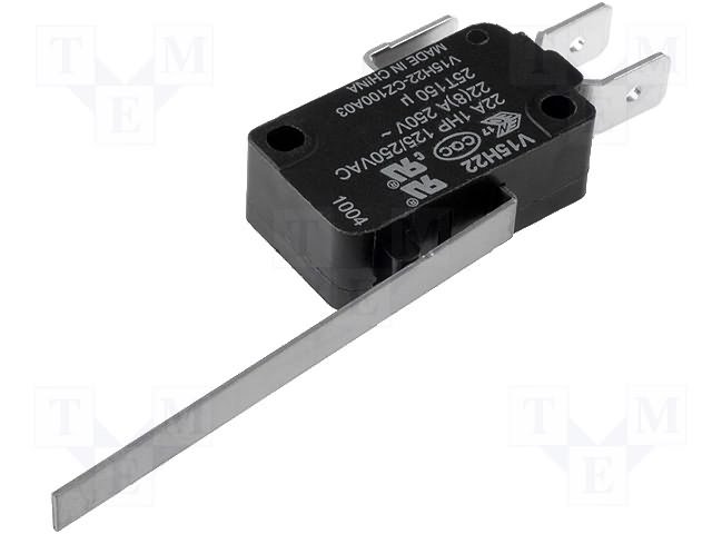 Mikropārslēdzējs ar sviru L=51.5mm, SPDT, ON-(ON), 22A/250VAC, IP40, 27.8x10.3x15.9mm, viens kontakts