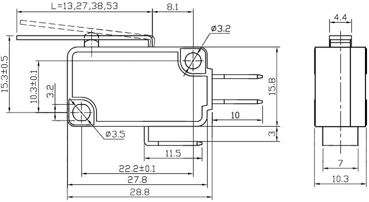 Mikropārslēdzējs ar sviru L=53mm, SPDT, ON-(ON), 10A/250VAC, IP40, konektori 4.8x0.5mm, 28x10.3x16mm, viens kontakts uz pārslēgšanu