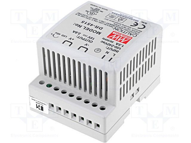 Barošanas avots, 15V, 2.8A, 42W, 85÷264VAC, DIN sliedei, Mean Well, 310g