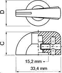 Potenciometru rokturitis Ø19x17mm, bakelits, melnā krasa, Ø6.4mm, ar skrūvi, knābis ar rādītāju