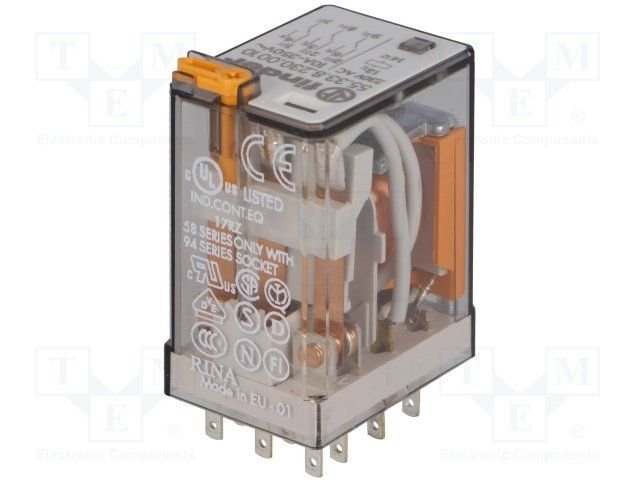 Relejs 230V/AC, 3PDT, 3x10A/250VAC, 17kΩ(13.5mA), trīs grupas uz pārslēgšanu, 27.7x20.7x35.8mm, FINDER