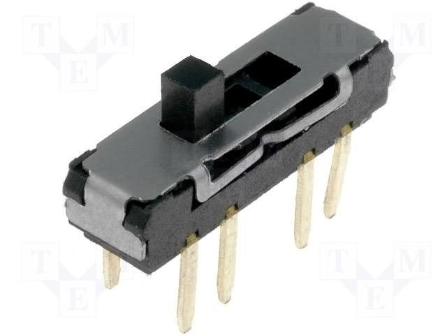 Pārslēdzējs slīdbīdņu DP3T, 0.3A/6VDC, OFF-ON-ON, 13x3.6x3.5mm, L=2mm, taisns, divi kontakti uz trīm stāvoklim