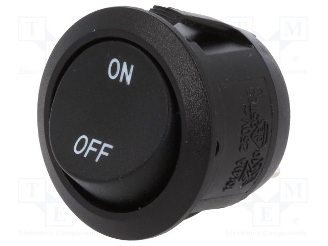 Taustiņslēdzis SPST, OFF-ON, 10A/250VAC, 20A/12VDC, D=23mm, (ON-OF), melna krasa, apaļa, ar fiksāciju