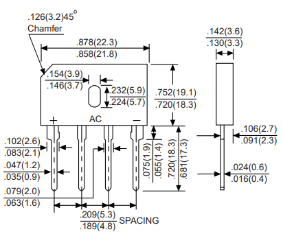 GBU10M Tiltiņš 1000V, 10A, 21.5x18.2x3.4mm, plakans, vertikāls, DC COMPONENTS