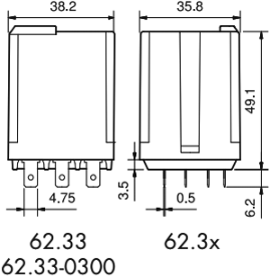 Relejs DC12V, 3PDT, 3x16A/250VAC, 3x16A/30VDC, 110Ω(109mA), IP40, trīs kontakti uz pārslēgšanu, 38.2x35.8x49.1mm, FINDER