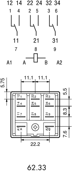Relejs DC12V, 3PDT, 3x16A/250VAC, 3x16A/30VDC, 110Ω(109mA), IP40, trīs kontakti uz pārslēgšanu, 38.2x35.8x49.1mm, FINDER