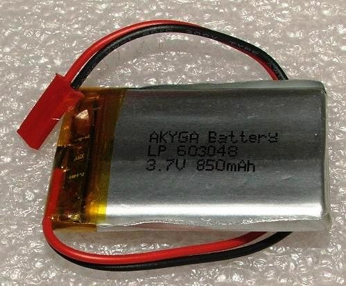 Akumulators Li-pol, 3.7V/850mAh, konn+sock2.54*2pins, 6.0x30x48mm