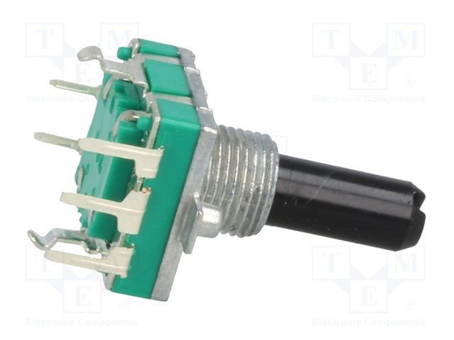 Enkoders, 24imp/revol., 16x17.2x6.5, L=20mm, plastmasas rokturis D=6mm, D-profils, vertikāls, ar spiedpogu