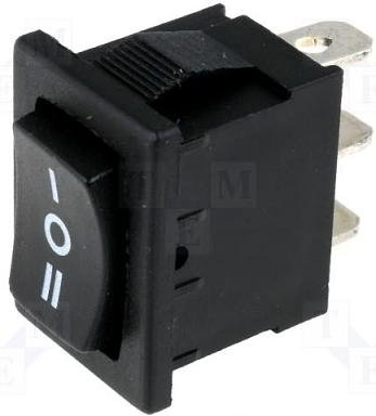 Taustiņslēdzis SP3T, (ON)-OFF-(ON), 6A/250VAC, 12.9x18.8mm, melna krasa, bez fiksācijas