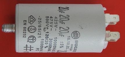 20.0/425VAC, ±5%, elektromotoru kondensators, klemes 6.3mm, 10000h, M8, Ø40x70mm, DUCATI ENERGIA