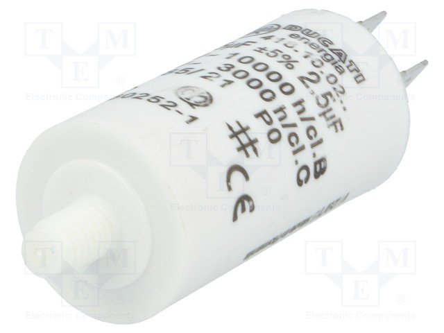 2.5/425VAC, ±5%, elektromotoru kondensators, klemes 6.3mm, 10000h, M8, Ø28x55mm