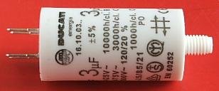 3.0/425VAC, ±5%, elektromotoru kondensators, klemes 6.3mm, 10000h, M8, Ø28x55mm