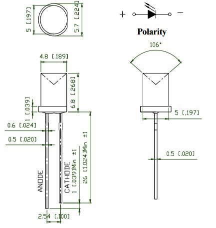 5mm, zaļa, 45...55mcd, 150°, 1.8...2.6V/20mA, 568nm, gaismas diode, plakana