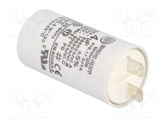 4.0/475VAC, ±5%, elektromotoru kondensators, klemes 6.3mm, 10000h, Ø28x55mm