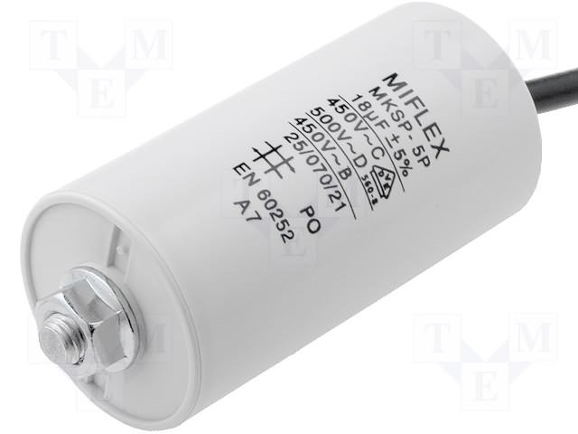 18.0/450VAC+cable elektromotoru kondensators, ±10%, Ø40x83mm, M8, 10000h