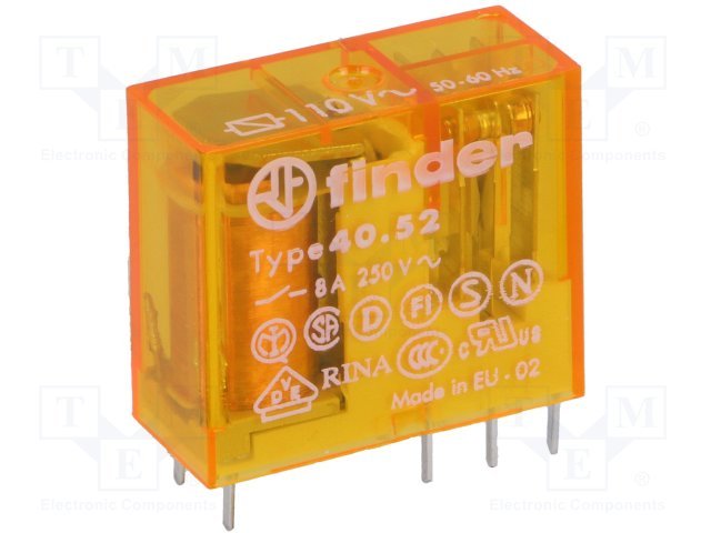 Relejs 110VAC, DPDT, 2x8A/250VAC, 2x8A/30VDC, 6.9kΩ(16mA), divi kontakti, 29.0x12.4x25mm, FINDER