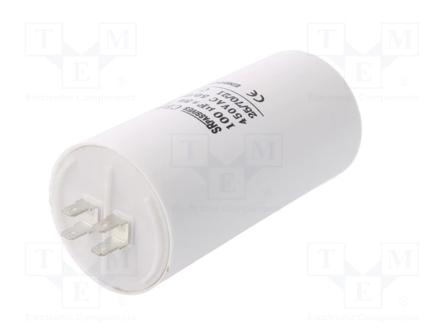100.0/450VAC, ±5%, elektromotoru kondensators, klemes 6.3mm, Ø60 x 100mm, M8, 3000h