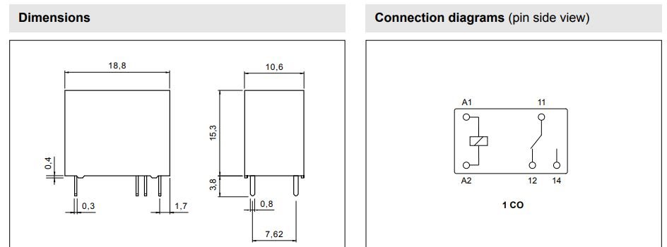 Relejs DC24V, SPST-NO, 5A/250VAC, 5A/28VDC, 2880Ω(8.3mA), viens kontakts uz sasslēgšanu, 18.8x10.6x15.3mm, RELPOL