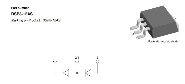 DSP8-12AS SMD 2xDiodes,1200V, 2x4A, 100W, (Anod-Katod/Anod-Katod) (---|>|---/---|>|---), TO-263