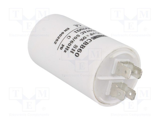 20.0/450VAC, ±5%, elektromotoru kondensators, klemes 6.3mm, 3000h, Ø40x70mm