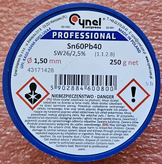 1.5mm 60Sn/40Pb, 250g, Lodalva ar flusu F-SW26, No Clean, 2.5%, 190°C