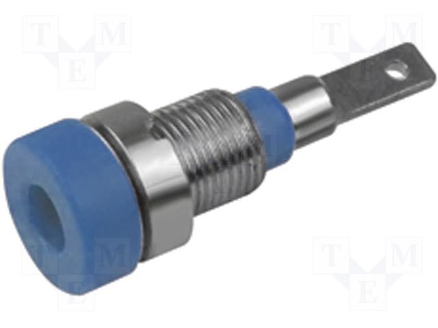 Testera ligzda, 2mm, 10A, L=23mm, šasijai, bez iekšēja aizspiedņa, 2mm banānam, zils