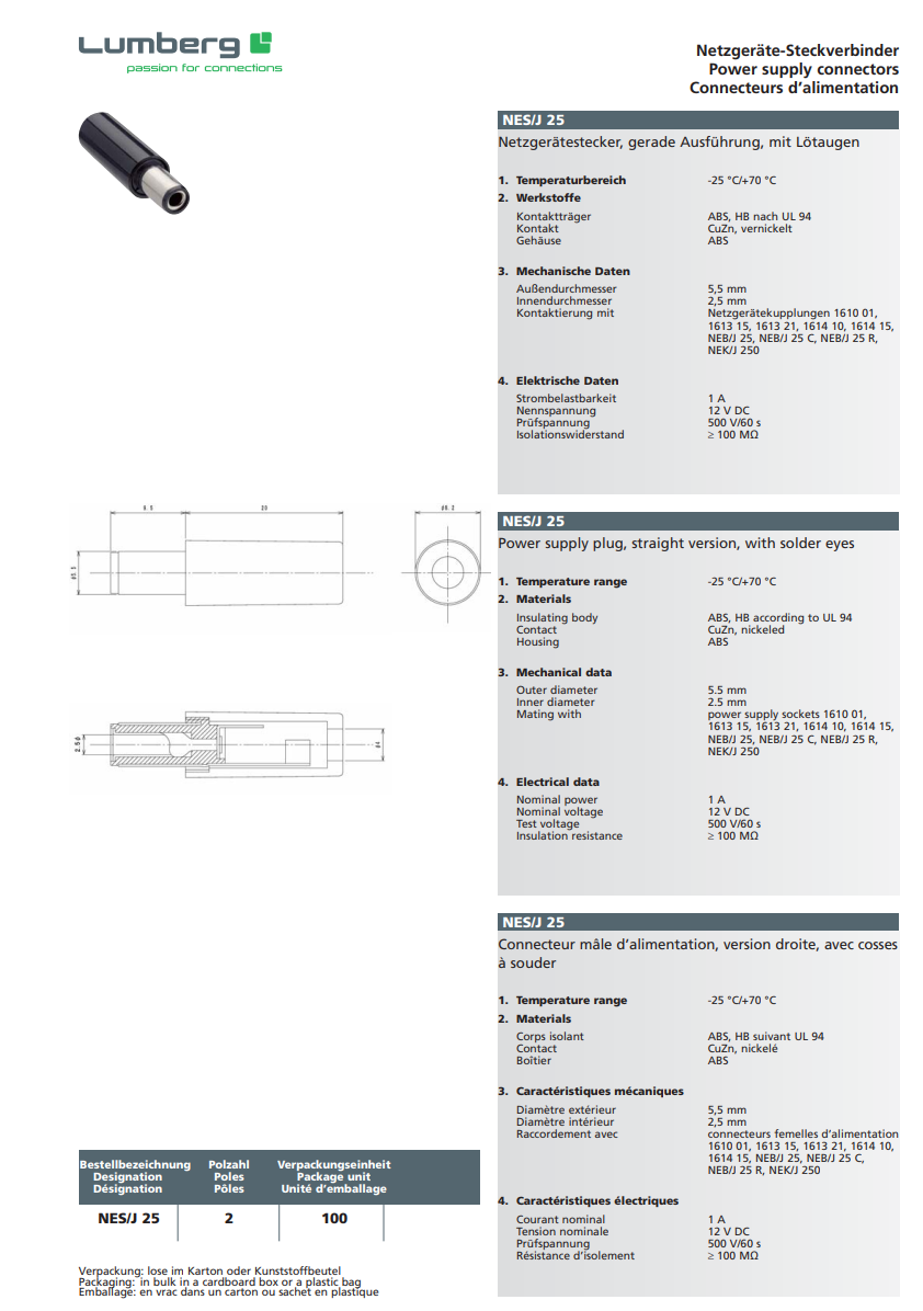5.5x2.5mm, L=9.5mm, štekers, lodējams, uz vadu, 12VDC/1A, taisns, LUMBERG