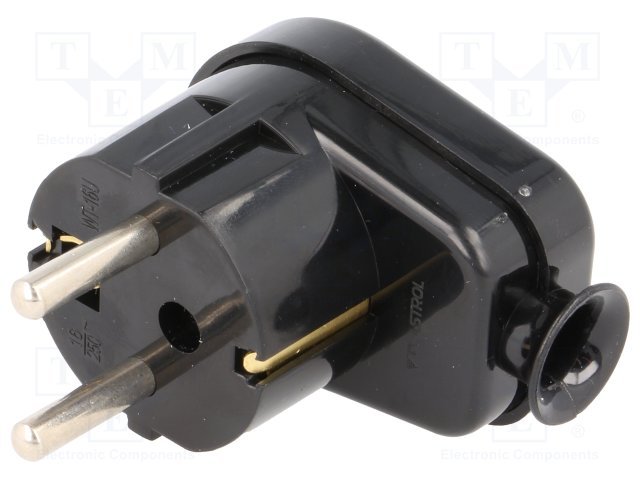 Tikla štekers, Uni-Schuko, 250VAC/16A, 2P+PE, melna krasa, leņķisks, ar zemi