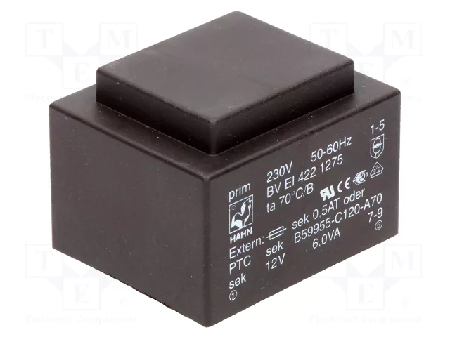 Transformators 220V=>12V, 500mA, 6VA, 45x38x32mm